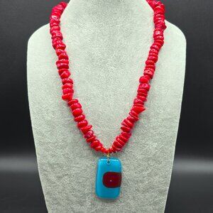 Artist Made Glass Beaded Necklace with Blue & Red Rectangle Pendant 21" Long